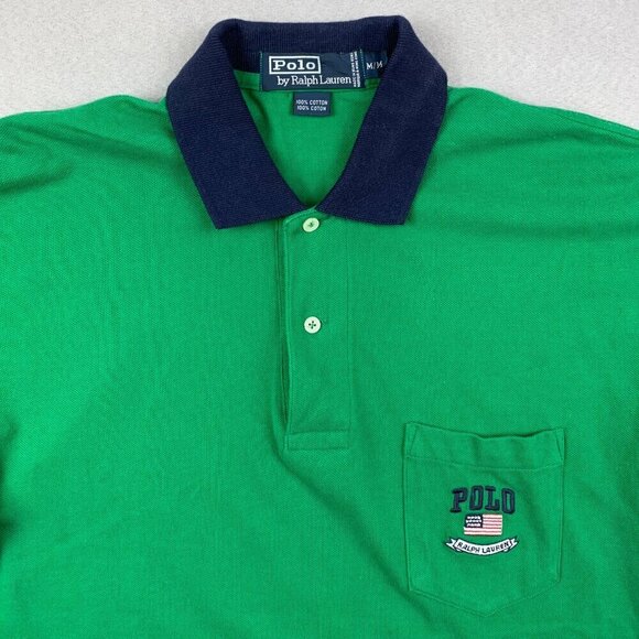 Vintage Ralph Lauren Mens Shirt Medium Green Pique Polo USA Flag Embroidered - Picture 2 of 7